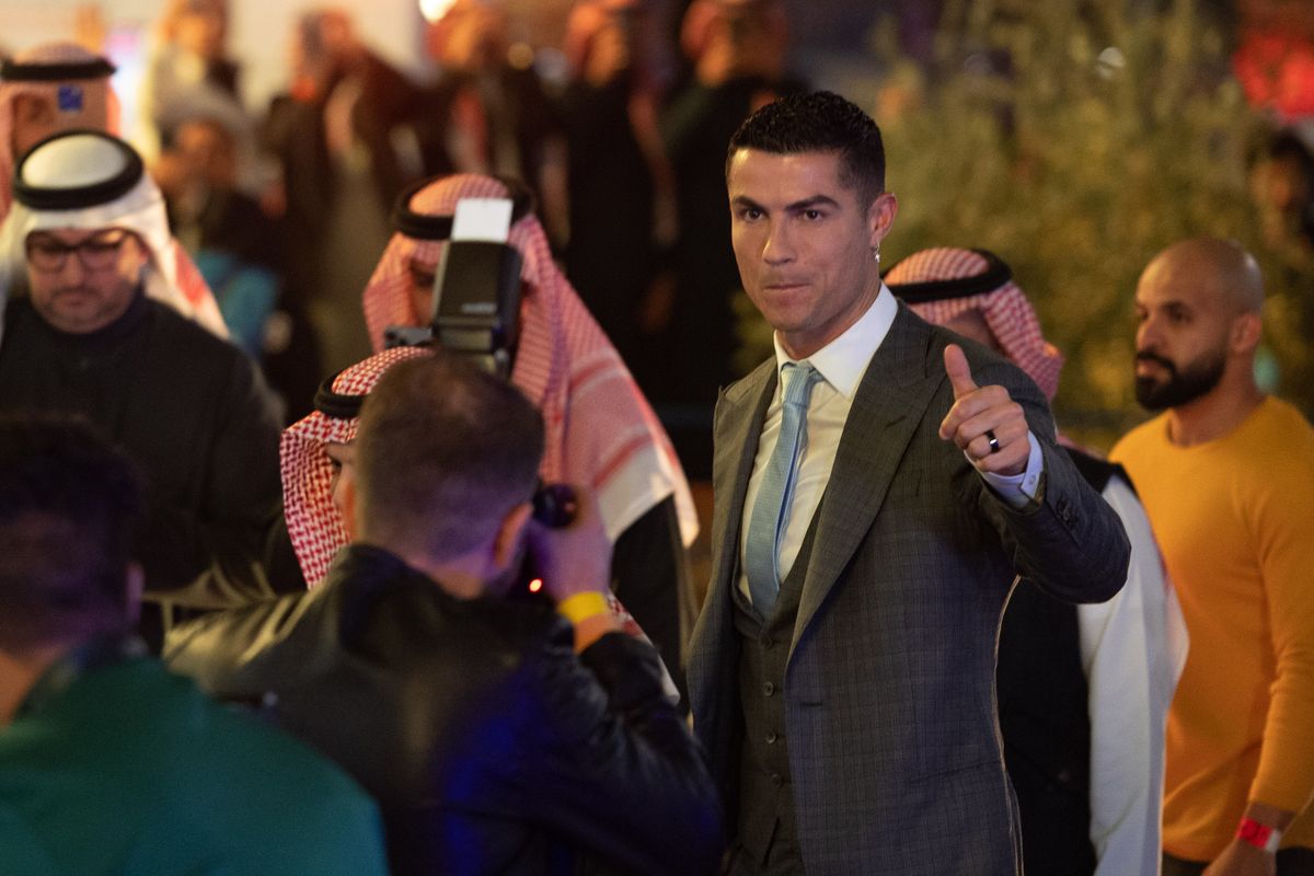 RIYADH, SAUDI ARABIA - JANUARY 03: Cristiano Ronaldo arrives at the stadium during the official unveiling of Cristiano Ronaldo as an Al Nassr player at Mrsool Park Stadium on January 3, 2023 in Riyadh, Saudi Arabia. 