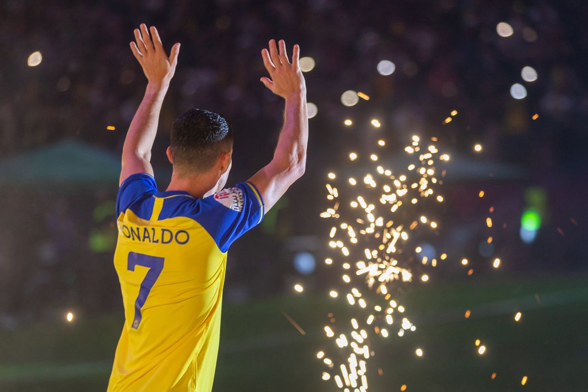 RIYADH, SAUDI ARABIA - JANUARY 03: Al-Nassr's new forward Cristiano Ronaldo greets the fans during his unveiling at the Mrsool Park Stadium on January 3, 2023 in Riyadh, Saudi Arabia.