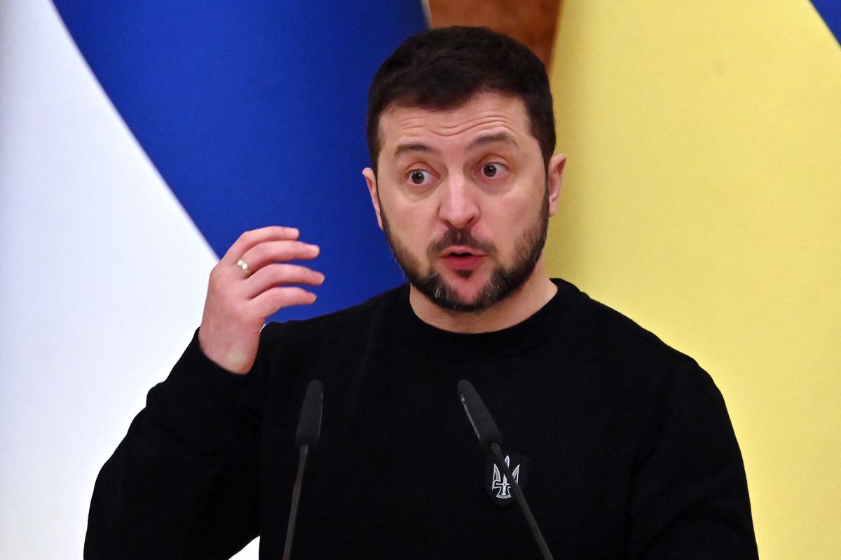 Ukrainian President Volodymyr Zelensky gestures as he speaks during a joint press conference with his Finnish counterpart following their talks in Kyiv, on January 24, 2023, amid Russia's military invasion on Ukraine. 