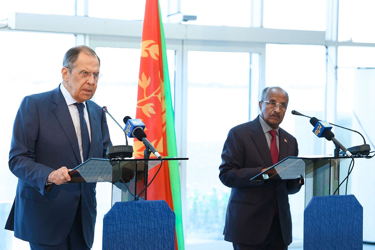 Russian Foreign Minister Sergei Lavrov and Eritrean Foreign Minister Osman Saleh Mohammed hold a joint press conference in Massawa on January 26, 2023. (Photo by Handout / RUSSIAN FOREIGN MINISTRY / AFP) / RESTRICTED TO EDITORIAL USE - MANDATORY CREDIT "AFP PHOTO / Russian Foreign Ministry / handout" - NO MARKETING NO ADVERTISING CAMPAIGNS - DISTRIBUTED AS A SERVICE TO CLIENTS