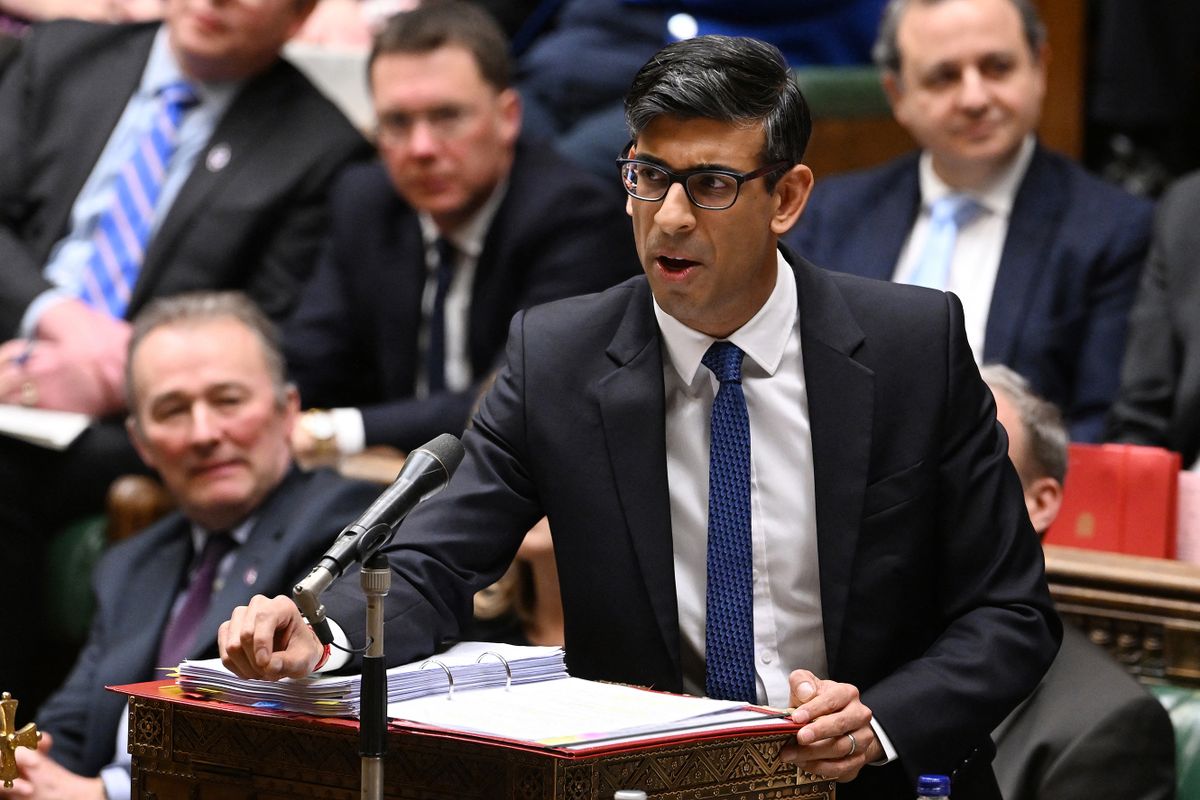 A handout photograph released by the UK Parliament shows Britain's Prime Minister Rishi Sunak speaking during the weekly session of Prime Minister's Questions (PMQs) at the House of Commons, in London, on January 25, 2023