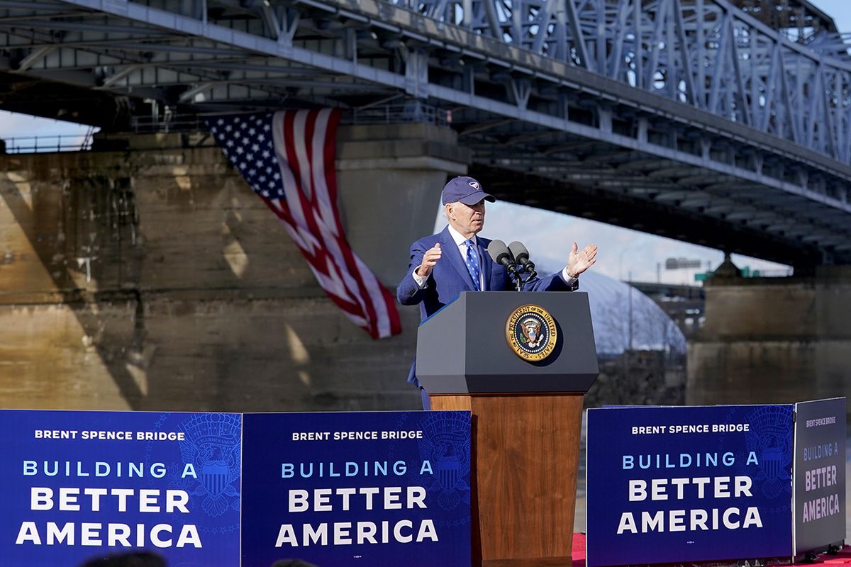 President Biden Delivers Remarks On Bipartisan Infrastructure Law US President Joe Biden speaks during an event in Covington, Kentucky, US, on Wednesday, Jan. 4, 2023. Biden spoke about the 2021 Bipartisan Infrastructure Law and the bills $1.6 billion used for repairs to the 60-year-old Brent Spence Bridge, which connects a span of Interstate 75 over the Ohio River into Cincinnati. Photographer: Joshua A. Bickel/Bloomberg via Getty Images