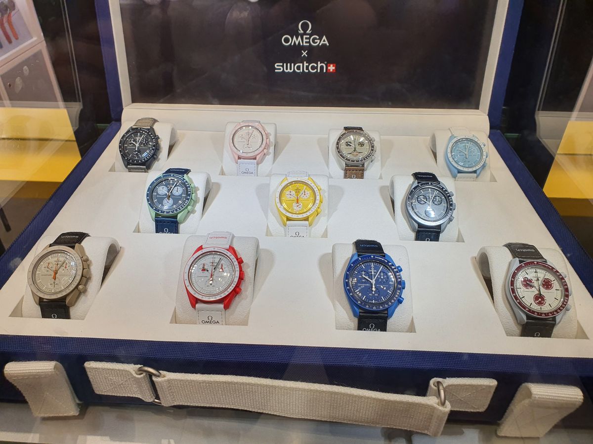 march 2022,thailand, display new series watch omega x swatch at swatch shop central world thailand