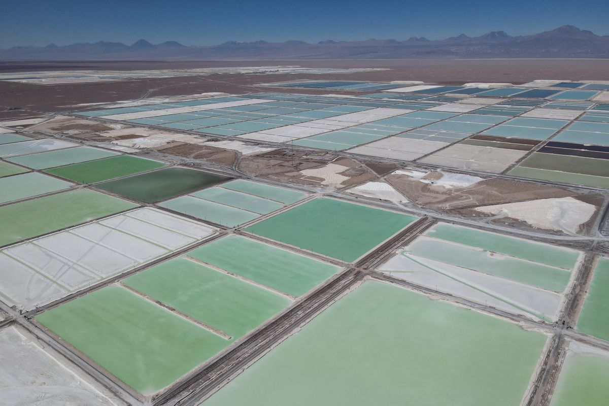 SALAR DE ATACAMA, CHILE - OCTOBER 25: Huge pools of brine containing lithium carbonate and mounds of salt by-products stretch across a lithium mine in the Atacama Desert in Salar de Atacama, Chili on October 25, 2022. The Chemical and Mining Society of Chile (SQM) is expanding its mining operations in Salar de Atacama to meet the growing global demand for lithium carbonate, the main ingredient in battery production for electric vehicles. Chile is the world's second largest producer of lithium after Australia. Lucas Aguayo Araos / Anadolu Agency 
