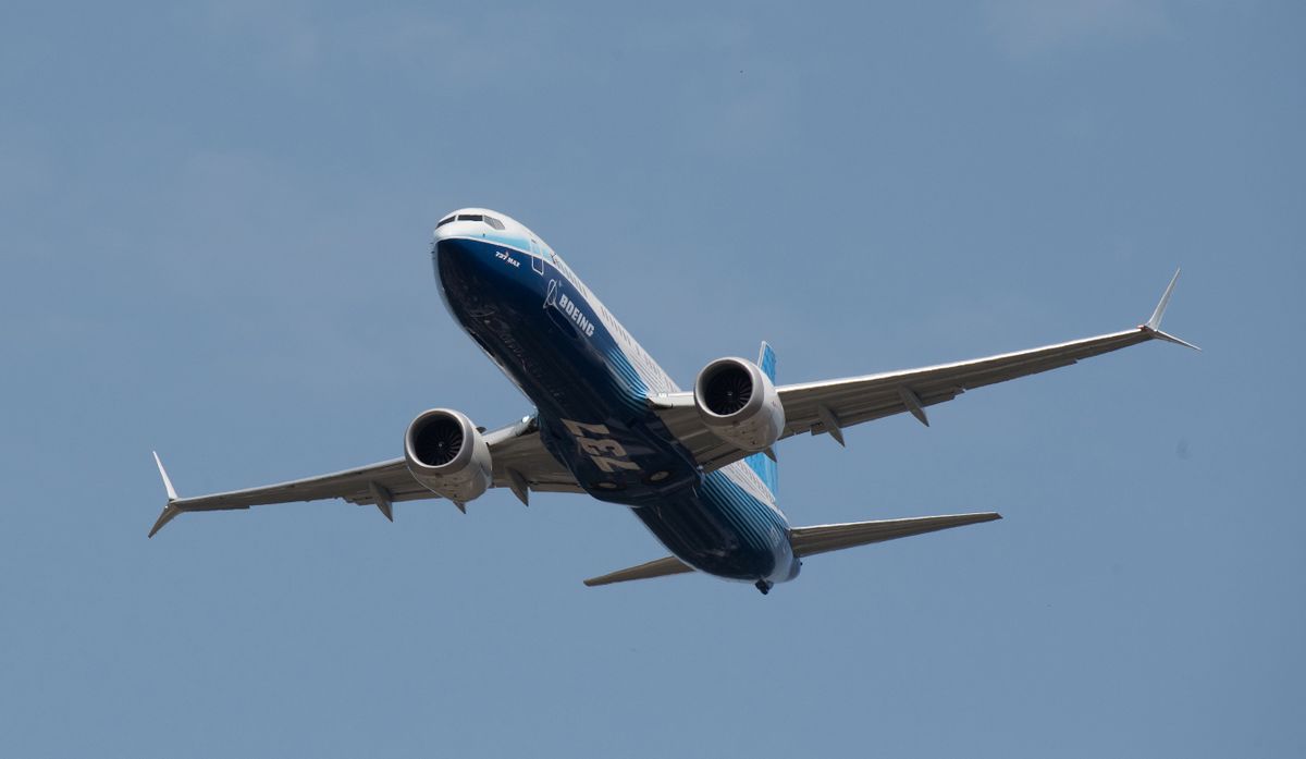 FARNBOROUGH, ENGLAND - JULY 18: The Boeing 737 Max flies during the Farnborough International Airshow 2022 display on July 18, 2022 in Farnborough, England. Farnborough International Airshow 2022 will host leading innovators from the aerospace, aviation and defence industries. 