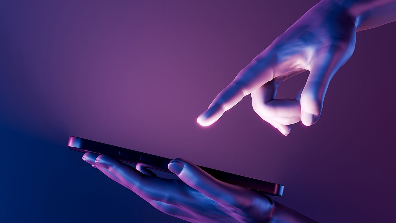 3D hands holding a smartphone and pointing at it 3d hands holding a cell phone and pointing to the screen. neon lights. futuristic concept, technology, metaverse and crypto. 3d rendering GettyImages