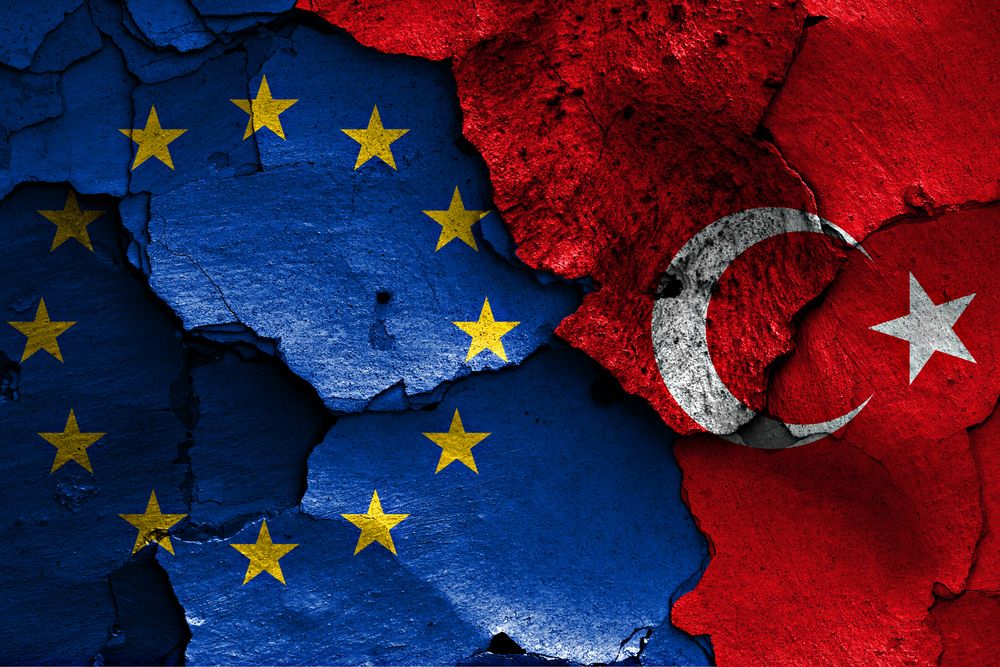 Flags,Of,Eu,And,Turkey,Painted,On,Cracked,Wall