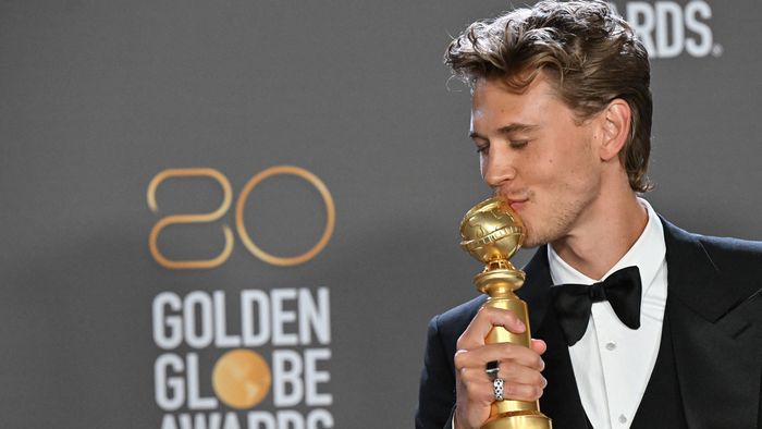 US actor Austin Butler poses with the award for Best Actor - Motion Picture - Drama for "Elvis" in the press room during the 80th annual Golden Globe Awards at The Beverly Hilton hotel in Beverly Hills, California, on January 10, 2023.
