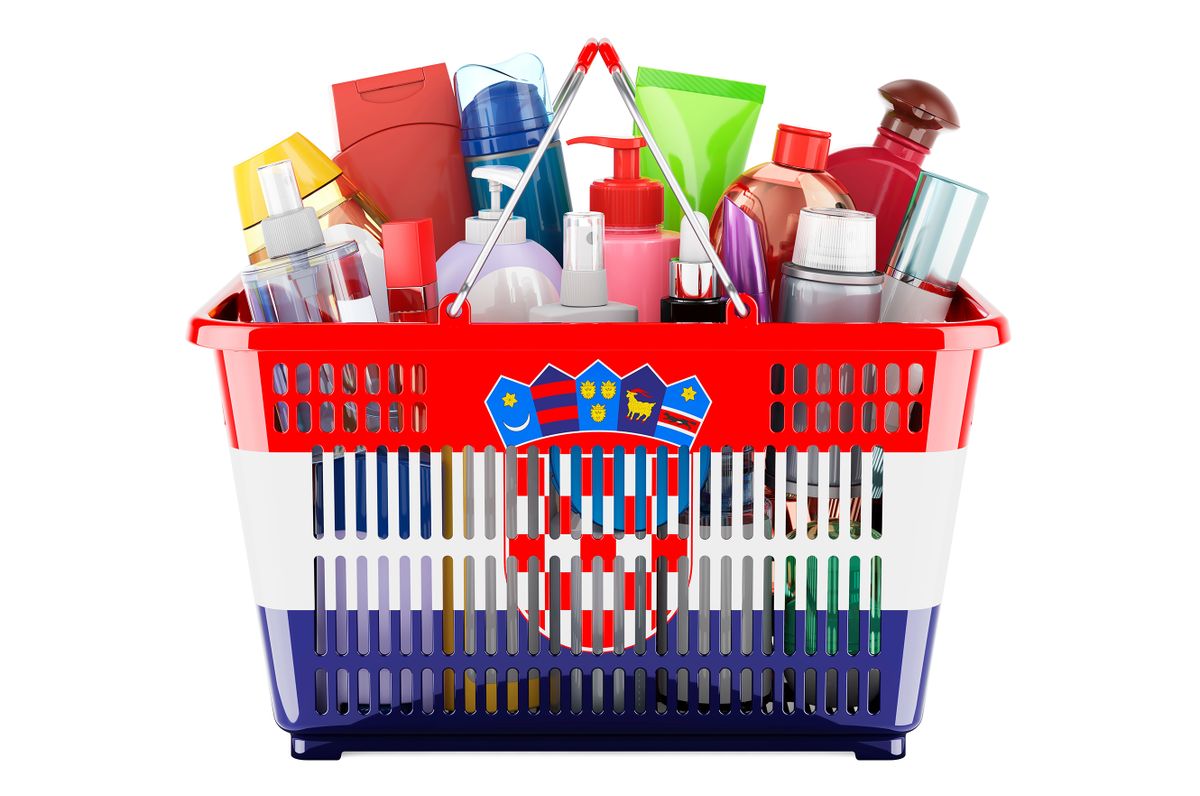 Shopping,Basket,With,Croatian,Flag,Full,Of,Cosmetic,Bottles,,Hair,