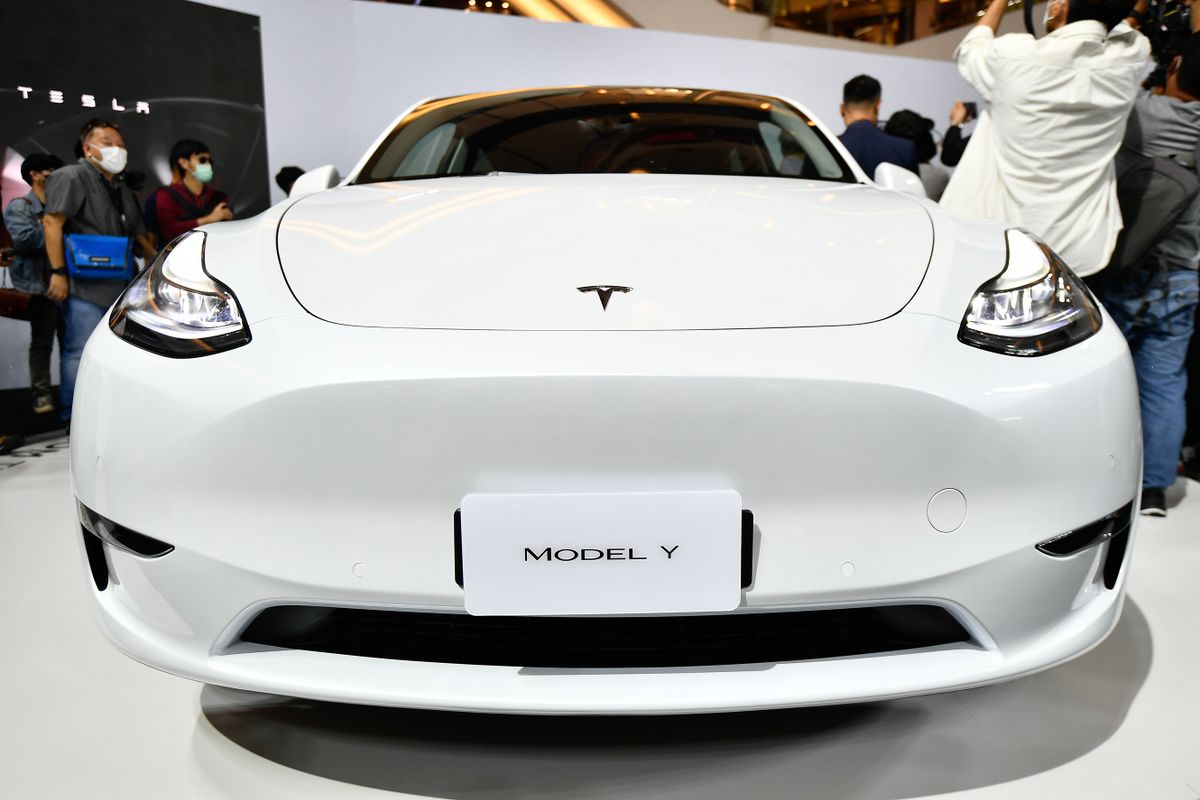 Tesla Model Y electric car is displayed during Tesla launch in Bangkok on December 7, 2022. 