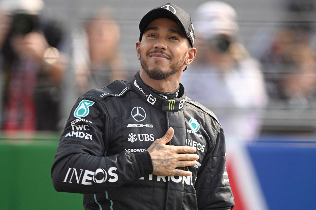 AUTO-PRIX-MEX-F1-RACE Mercedes' British driver Lewis Hamilton reacts after obtaining the third place in the Formula One Mexico Grand Prix qualifying session at the Hermanos Rodriguez racetrack in Mexico City on October 29, 2022. (Photo by ALFREDO ESTRELLA / AFP)