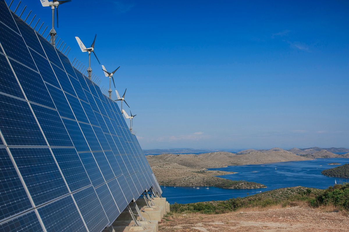 Wind turbines and solar panels, Dugi Otok, Croatia