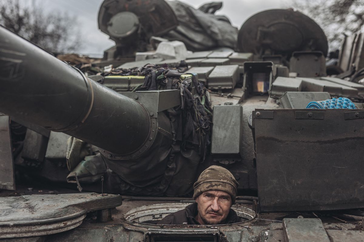 DONETSK OBLAST, UKRAINE - JANUARY 18: A Ukrainian soldier drives a tank on the Donbass frontline as military mobility continues within the Russian-Ukrainian war on January 18, 2023. 