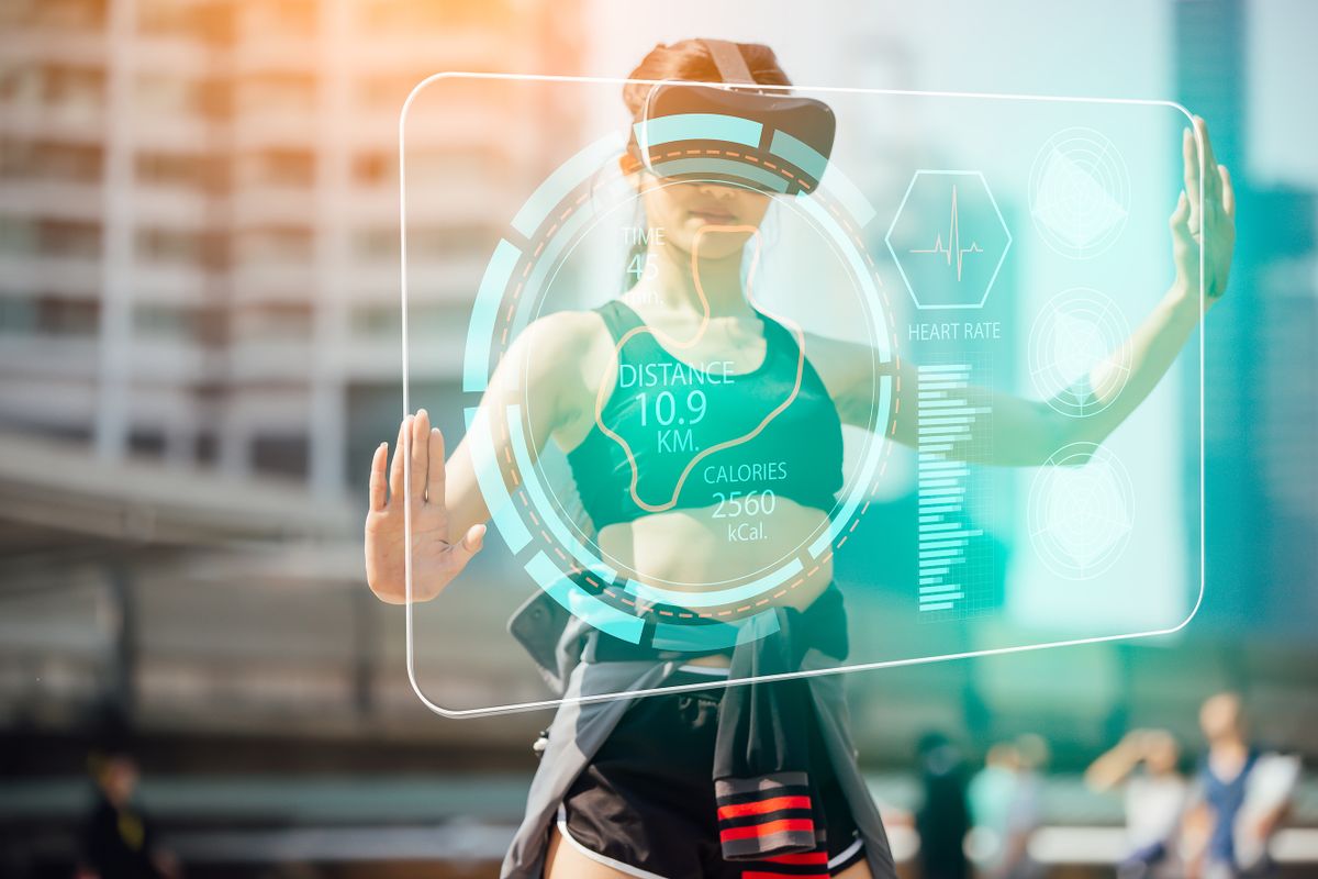 sports technology concept.Beauty asian woman running by virtual reality in the city. VR headset glasses device.running woman and various technological.