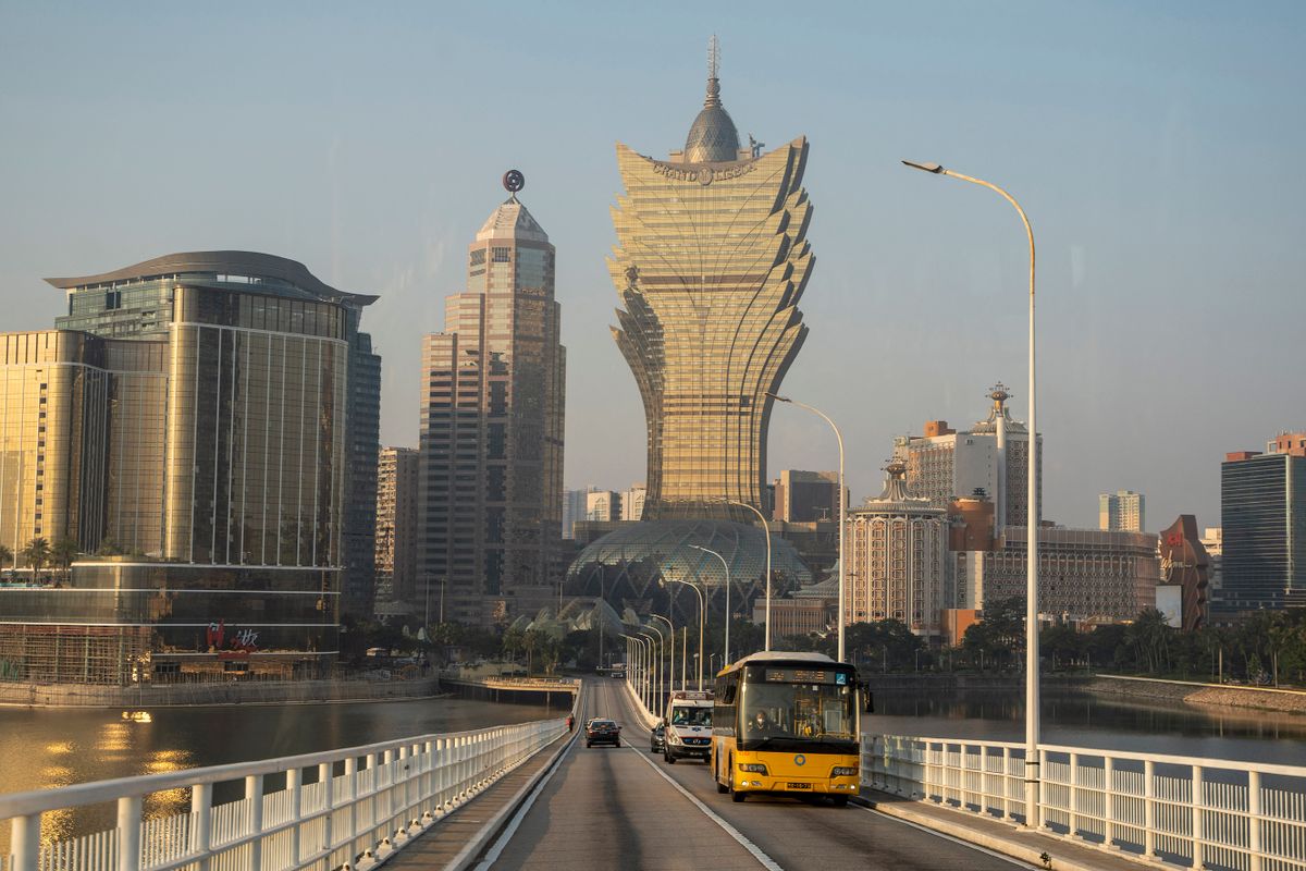 A General view showing traffic in front of the Grand Lisboa on December 29, 2022 in Macau, China. 