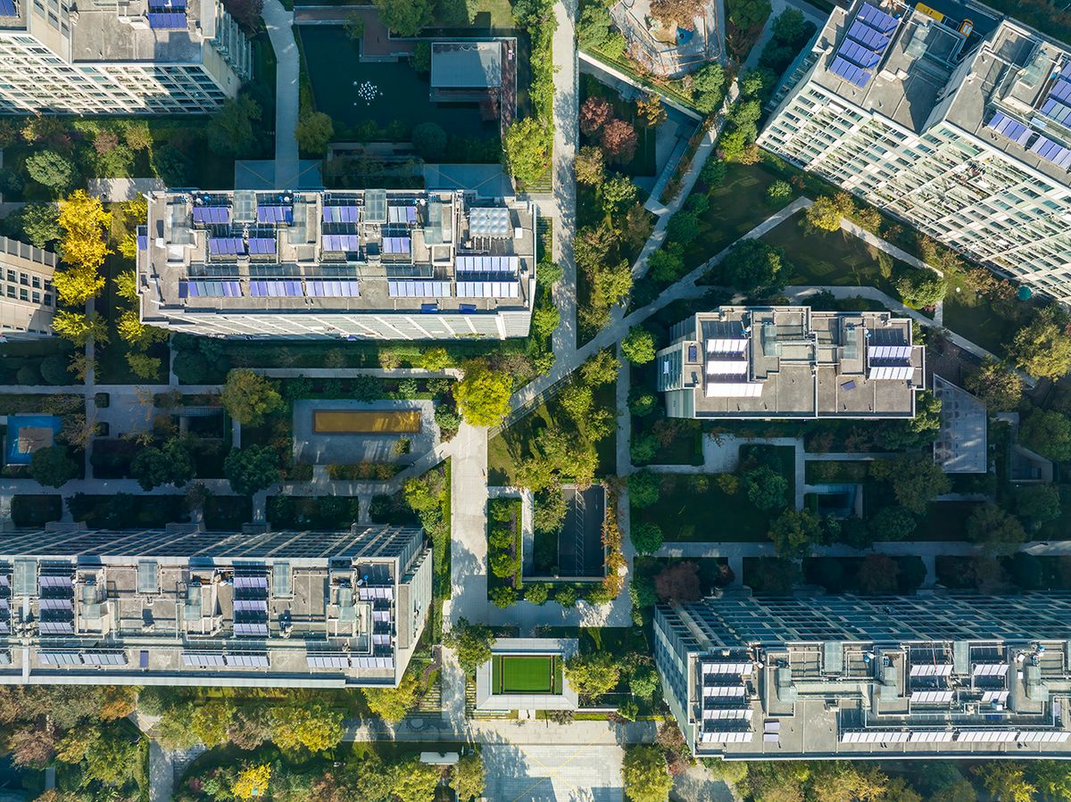 Solar power panels on the roofs of residential buildings in Hangzhou, China