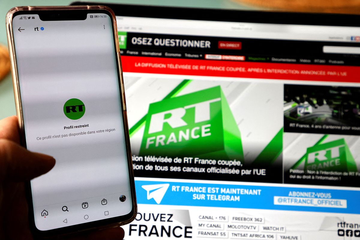 This picture taken on March 2, 2022, in Paris, shows RT France network down due to a European Union decision after the Russia's invasion of Ukraine. - The French version of the Russian media RT is no longer broadcast on television in France since March 2, 2022 afternoon, as a result of the ban on RT in the European Union that came into effect earlier in the day, AFP noted. (Photo by Ludovic MARIN / AFP)