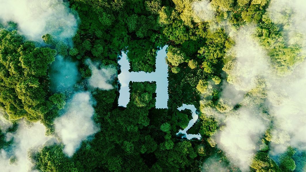 A,Concept,Metaphorically,Depicting,Hydrogen,As,An,Ecological,Energy,Source A concept metaphorically depicting hydrogen as an ecological energy source in the form of a pond in the middle of a virgin jungle. 3d rendering.