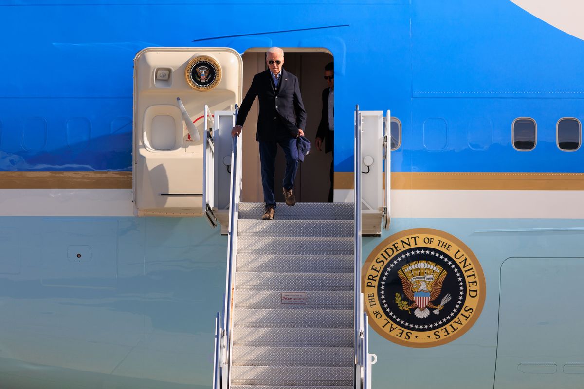 MOUNTAIN VIEW, CA - JANUARY 19: U.S. President Joseph R. Biden arrives at Moffett Federal Airfield in Mountain View, California, USA. He was greeted by California Governor Gavin Newsom, U.S. Senator Alex Padilla (CA), U.S. Representative Anna Eshoo (CA-16) and Dr. David Korsmeyer, Associate Center Director for Research and Technology, National Aeronautics and Space Administration. California has experienced extreme weather and rain from an atmospheric river in recent weeks. Per the White House, President Biden is visiting Californiaâs central coast impacted by recent extreme weather and will visit with first responders, local and state officials, communities impacted by recent storm devastation, survey recovery efforts and assess what additional support is needed from the Federal government. 