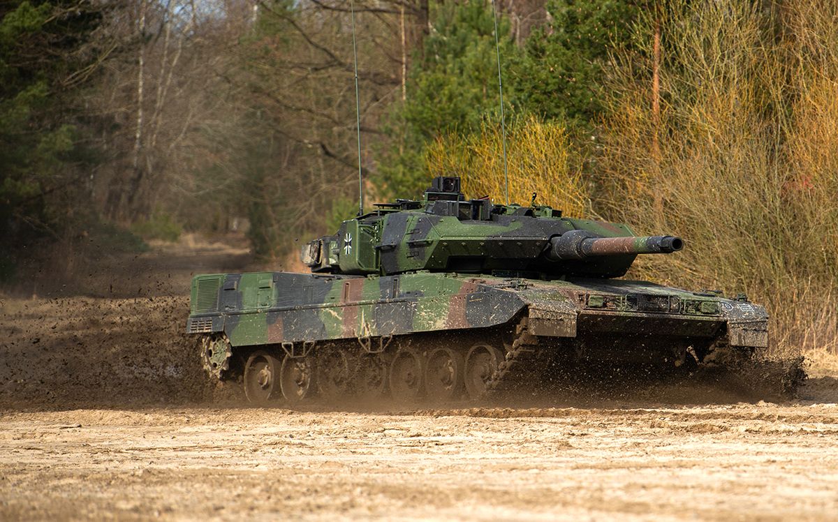 Leopard 2 A7V main battle tank
16 March 2022, Lower Saxony, Munster: A Leopard 2 A7V main battle tank from Bundeswehr training battalion 93 drives during a combat reconnaissance exercise at the training area. Photo: Philipp Schulze/dpa (Photo by Philipp Schulze/picture alliance via Getty Images)