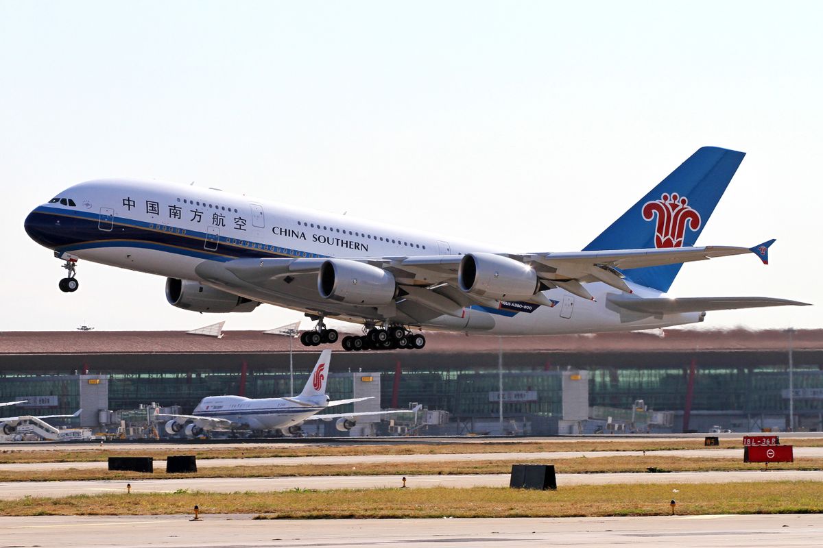BEIJING, CHINA - OCTOBER 17:  (CHINA OUT) An Airbus A380 of China Southern Airlines takes off from Beijing Capital International Airport during its maiden voyage from Beijing to Guangzhou on October 17, 2011 in Beijing, China. China Southern became the country's first airline to fly the Airbus A380 and only the seventh operator globally. 