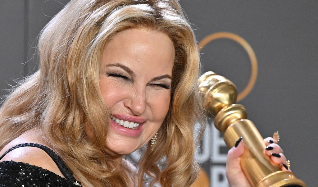 US actress Jennifer Coolidge poses with the award for Best Supporting Actress - Television Limited Series/Motion Picture for "The White Lotus" in the press room during the 80th annual Golden Globe Awards at The Beverly Hilton hotel in Beverly Hills, California, on January 10, 2023. 