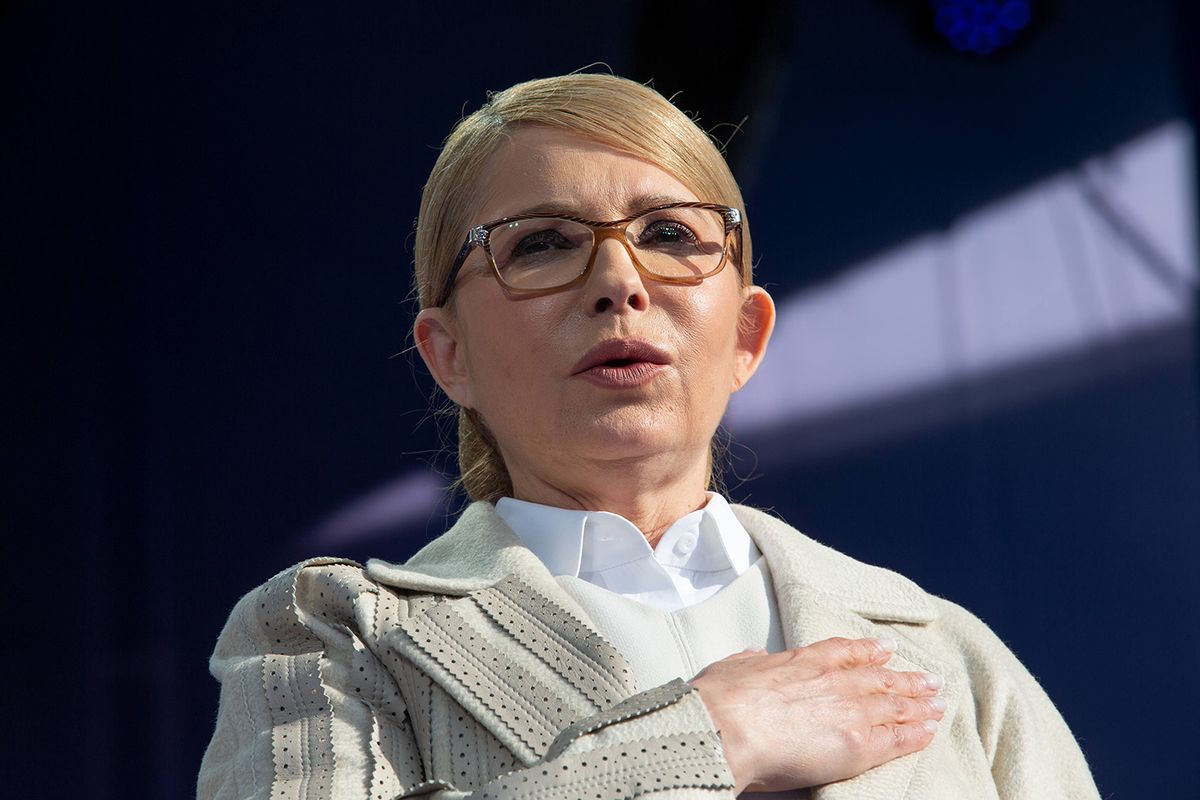 Political Campaigns Ahead of Ukraine Election  Yulia Tymoshenko, Ukraine's former prime minister, stands for the National Anthem at a political rally in Kiev, Ukraine, on Friday, March 29, 2019. Ukraine votes on Sunday in the first round of its presidential election. Photographer: Taylor Weidman/Bloomberg via Getty Images