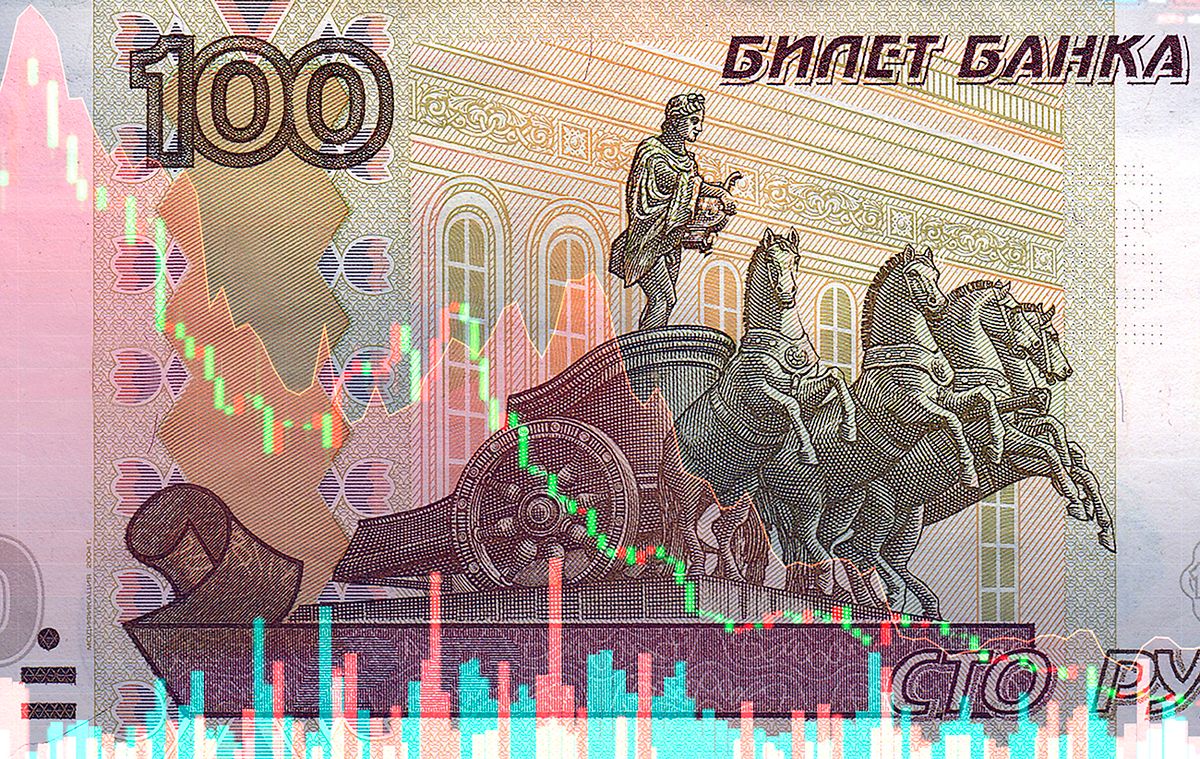 Banknote of Russian rubles on the background of stock charts. Concept of Economic Sanctions in Russia