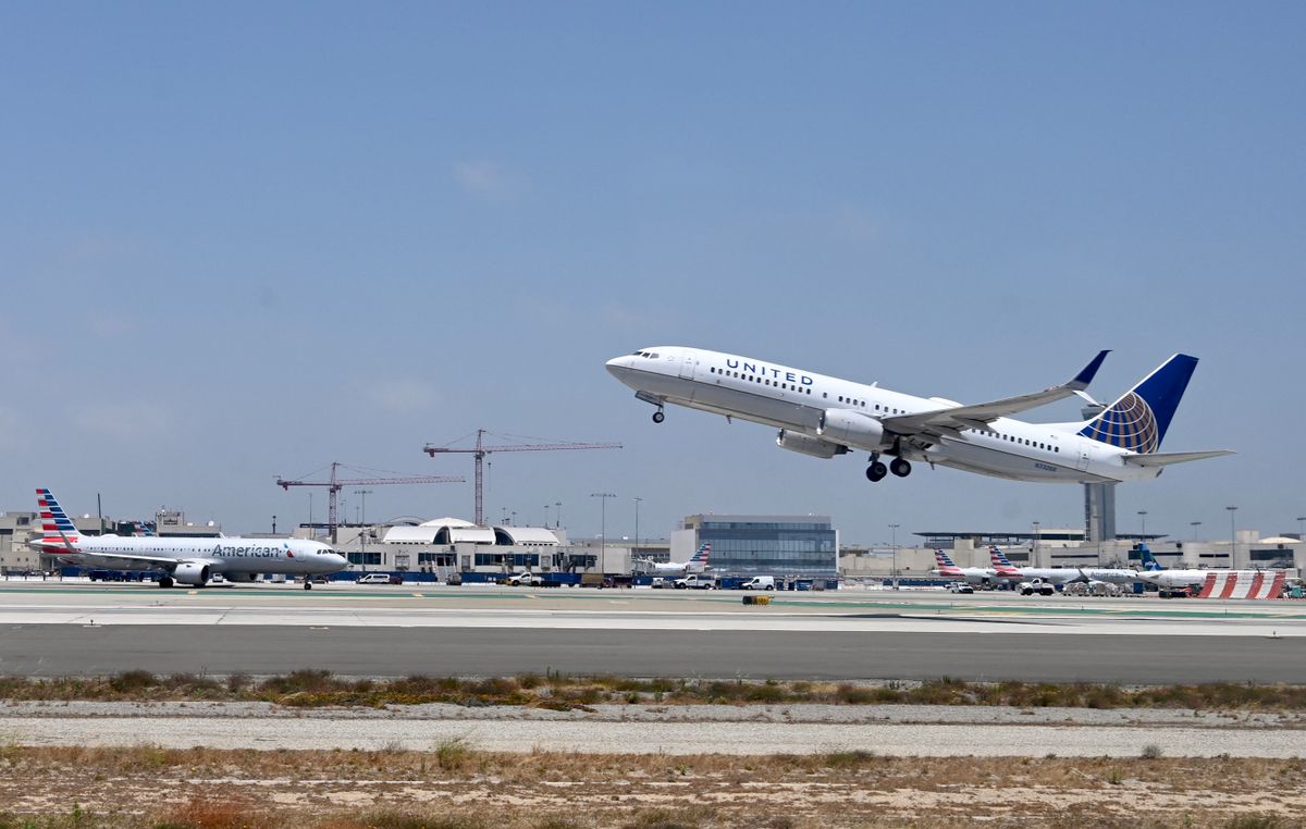 A United Airlines Boeing 737 takes off from Los Angeles International Airport (LAX) in Los Angeles on June 16, 2022. 