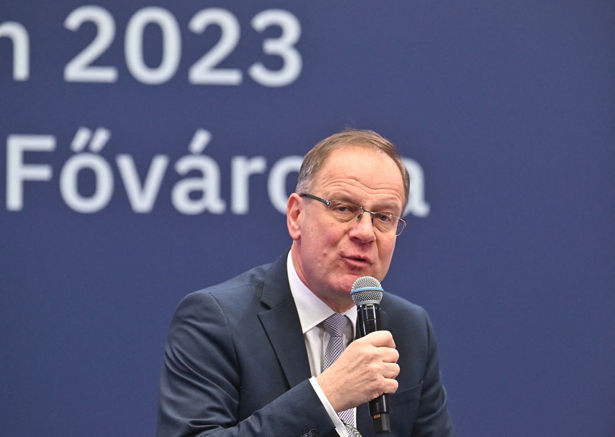 Hungarian Minister of Regional Development Tibor Navracsics speaks during a press conference at the University of Veszprem on January 21, 2023, as the town and its region of Bakony-Balaton became the 2023 European Capital of Culture besides Elefsina, Greece and Timisoara, Romania