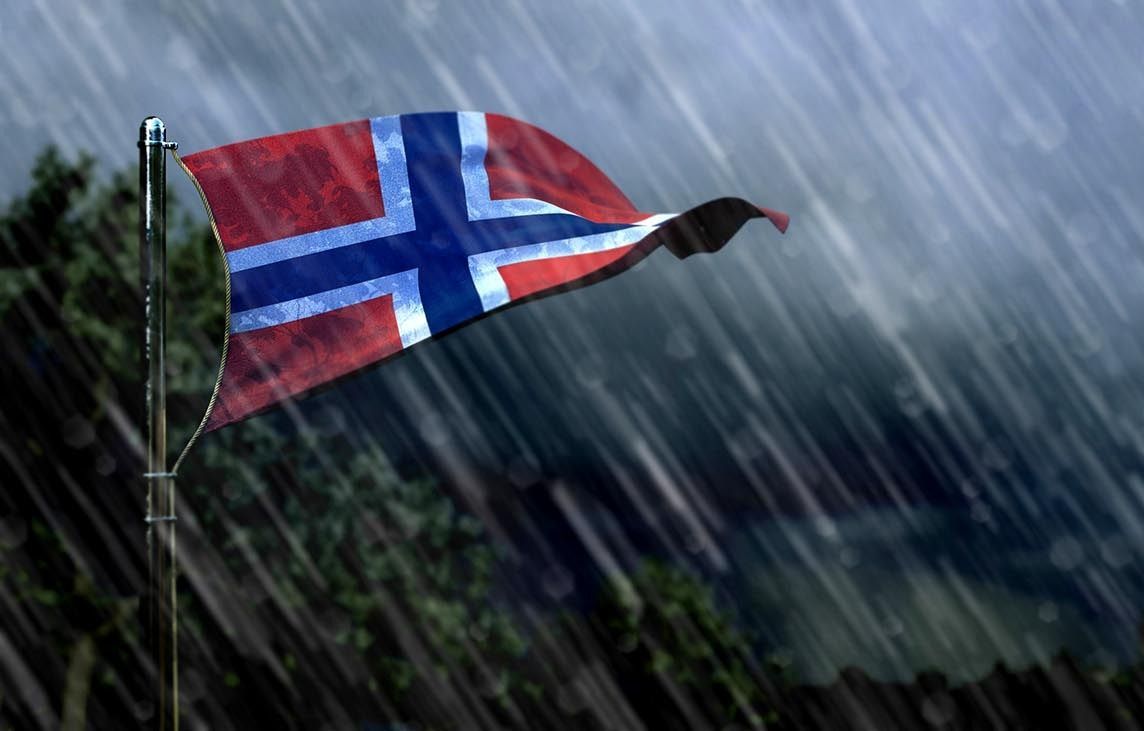 Flag,Of,Norway,With,Rain,And,Dark,Clouds,,Squall,Wind flag of Norway with rain and dark clouds, squall wind forecast symbol - nature 3D illustration Norvégia norvég
