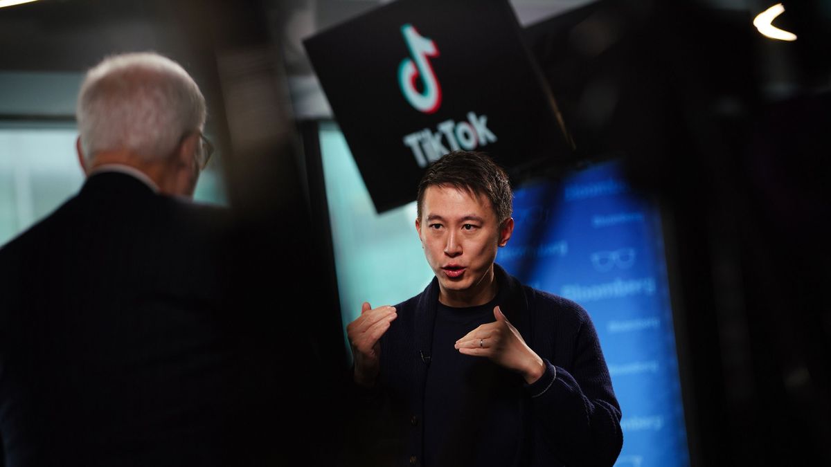 Shouzi Chew, chief executive officer of TikTok Inc., during an interview for an episode of "The David Rubenstein Show: Peer-to-Peer Conversations" at the TikTok office in New York, U.S., on Thursday, Feb. 17, 2022. ByteDance Ltd.'s TikTok has emerged as the top challenger to the social media dominance of Meta Platforms Inc., the parent company of Facebook and Instagram.