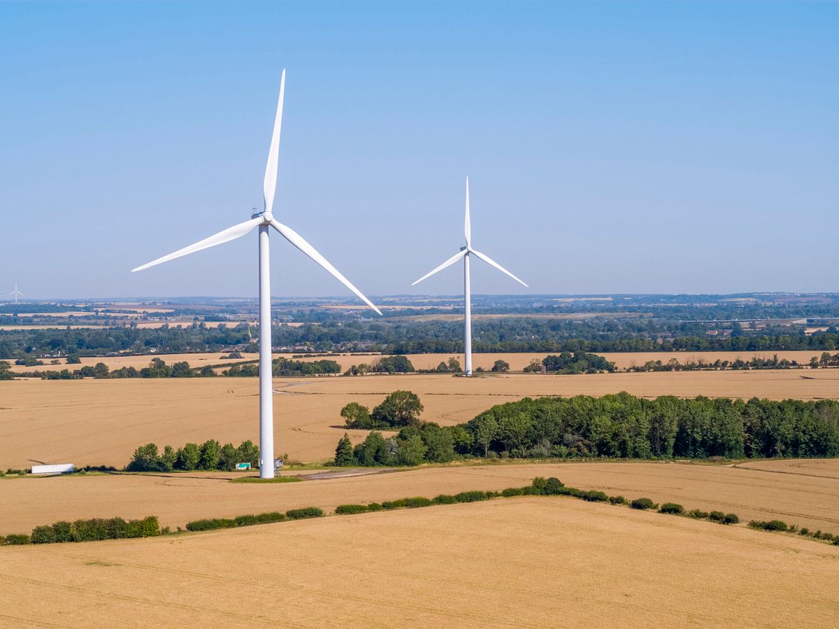 Drone view of Cotton Farm Wind Farm, Cambridgeshire, England, United Kingdom, Europe 