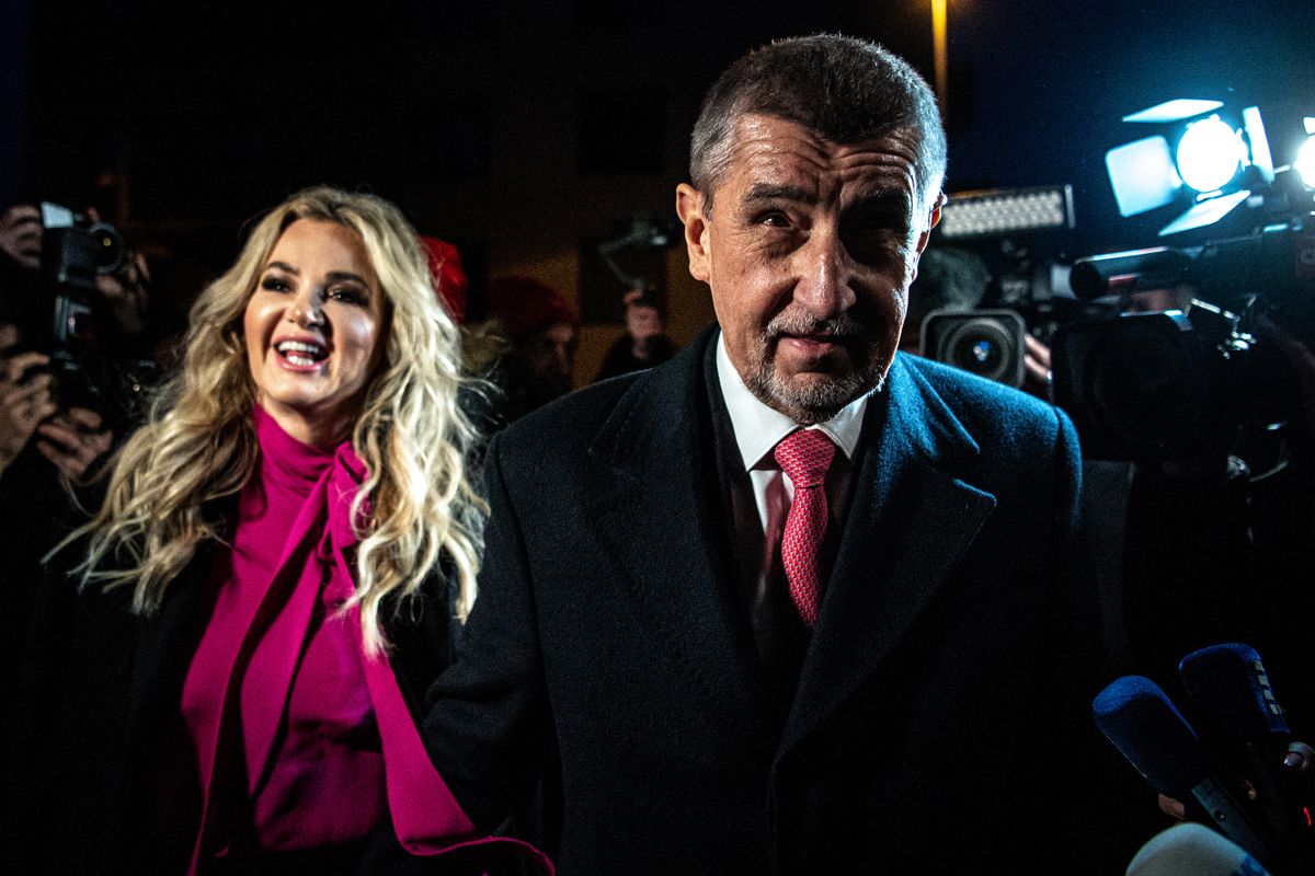 PRAGUE, CZECH REPUBLIC - JANUARY 14: Presidential candidate Andrej Babis and his wife Monika Babisova arrive at the headquarter after the polling stations of first round of the Czech presidential elections closed, in Prague, Czech Republic on January 14, 2023. 