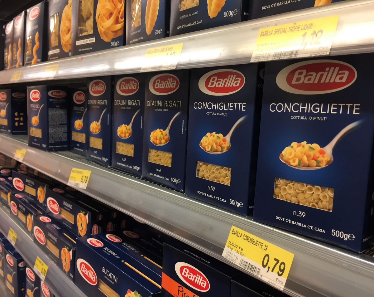 Rome, Italy - August 16, 2018: Barilla pasta. The company was founded in 1877 as a bakery shop in Parma, Italy by Pietro Barilla. The company is privately held