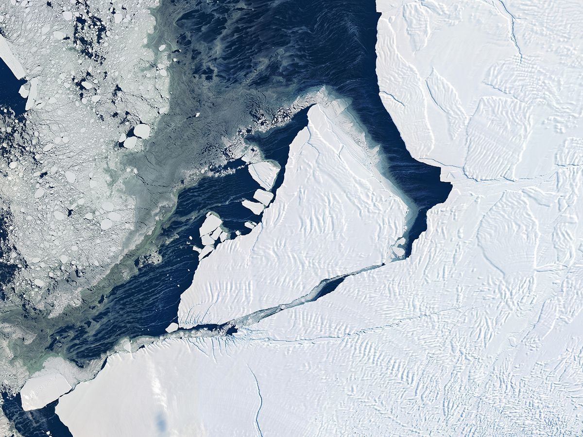 Satellite Imagery of Iceberg A-74 calved from Antarctica's Brunt Ice Shelf
ANTARCTICA - 14 MARCH 2021: Iceberg A-74 calved from Antarctica's Brunt Ice Shelf in February 2021. (Photo by Gallo Images/Orbital Horizon/Copernicus Sentinel Data 2021)