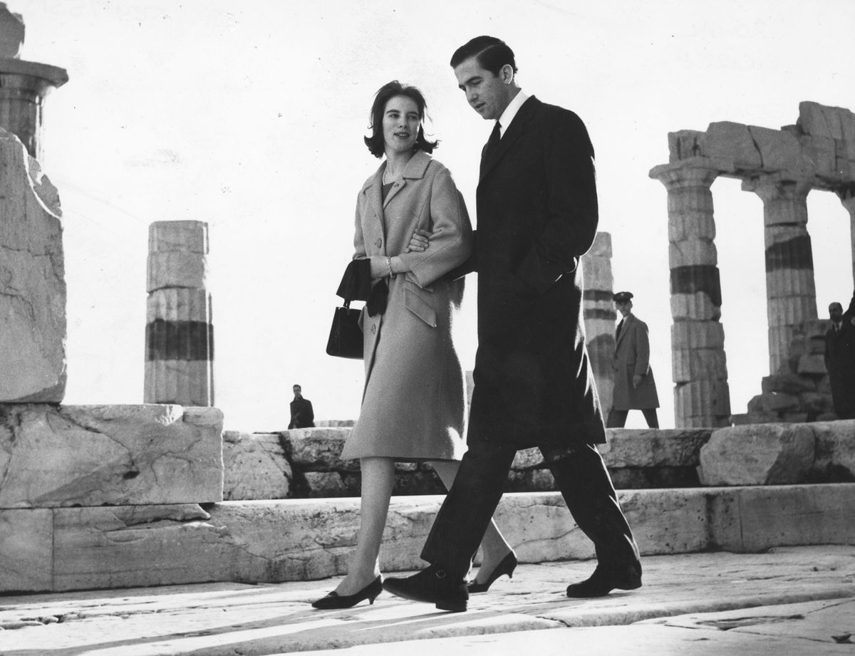 1st February 1963:  King Constantine II of the Hellenes (as Prince Constantine) and his fiancee Queen Anne-Marie of the Hellenes (as Princess Anne-Marie) at the Acropolis, Athens.  