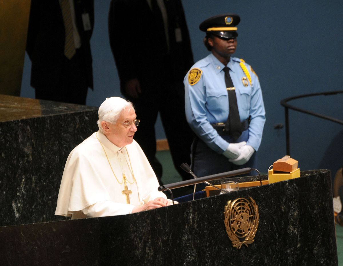 NEW YORK, UNITED STATES - (ARCHIVE): A file photo dated on April 18, 2008 shows former Pope Emeritus Benedict XVI gives a speech during his visit at the UN General Assembly in New York, USA. Pope Emeritus Benedict XVI died at his Vatican residence on Saturday at age 95. Basri Sahin / Anadolu Agency 