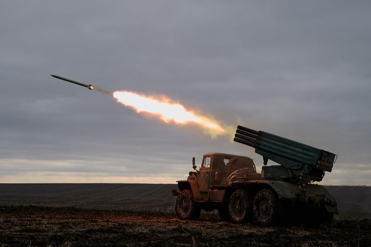 DONETSK, UKRAINE - DECEMBER 30: Soldiers of the 59th brigade of the Ukrainian Armed Forces fire grad missiles on Russian positions in Russia-occupied Donbas region on December 30, 2022 in Donetsk, Ukraine. A large swath of Donetsk region has been held by Russian-backed separatists since 2014. Russia has tried to expand its control here since the February 24 invasion.  