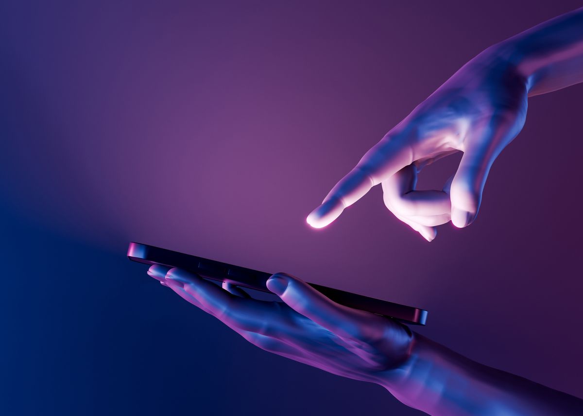 3D hands holding a smartphone and pointing at it 3d hands holding a cell phone and pointing to the screen. neon lights. futuristic concept, technology, metaverse and crypto. 3d rendering GettyImages