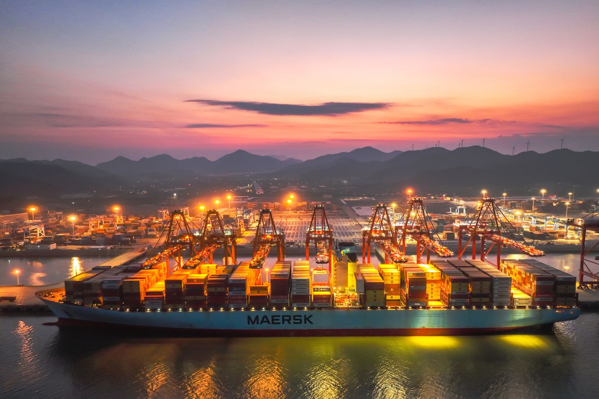 ZHOUSHAN, CHINA - AUGUST 22: Aerial view of the container ship "Emma Mærsk" being docked at the Dapukou container terminal of Ningbo-Zhoushan Port on August 22, 2022 in Zhoushan, Zhejiang Province. 