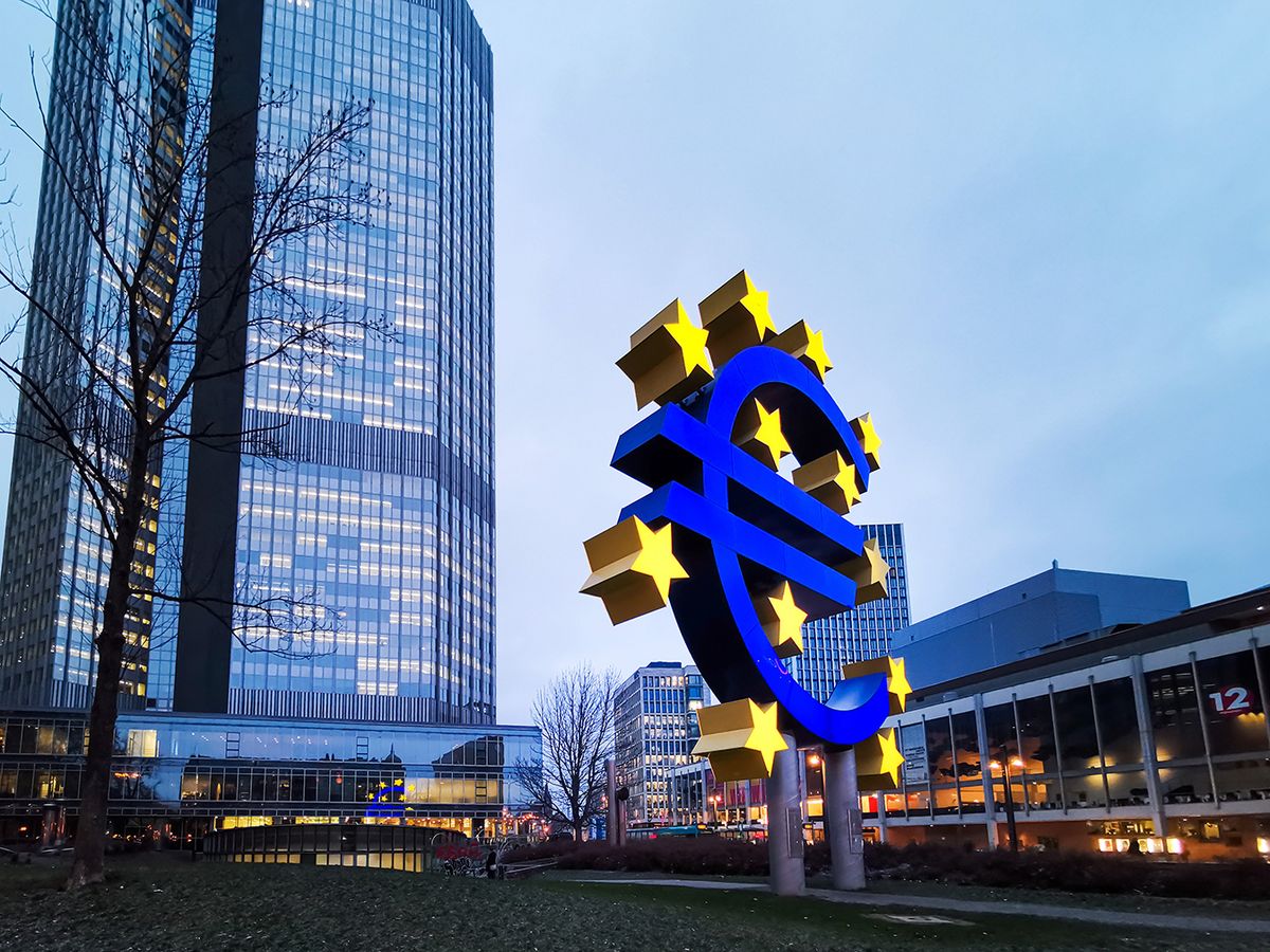 Frankfurt,,Germany,-,January,22,,2019:,Euro,Sign.,European,Central Frankfurt, Germany - January 22, 2019: Euro Sign. European Central Bank (ECB) is the central bank for the euro and administers the monetary policy of the Eurozone in Frankfurt, Germany. 