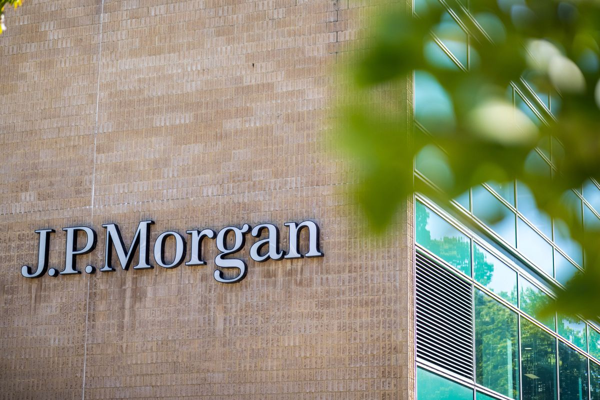 The JPMorgan Chase & Co. logo on the exterior of the company offices in Bournemouth, UK, on Monday, Aug. 8, 2022. The British government's attempt to economically "level up" regions outside London is getting help from an unlikely quarter: Wall Street. Photographer: 