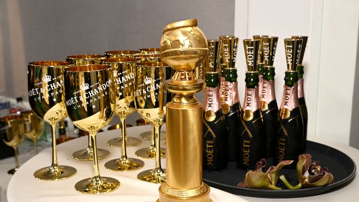 BEVERLY HILLS, CALIFORNIA - JANUARY 10: Bottles and award on display at the 80th Annual Golden Globe Awards with Moët And Chandon at The Beverly Hilton on January 10, 2023 in Beverly Hills, California. 