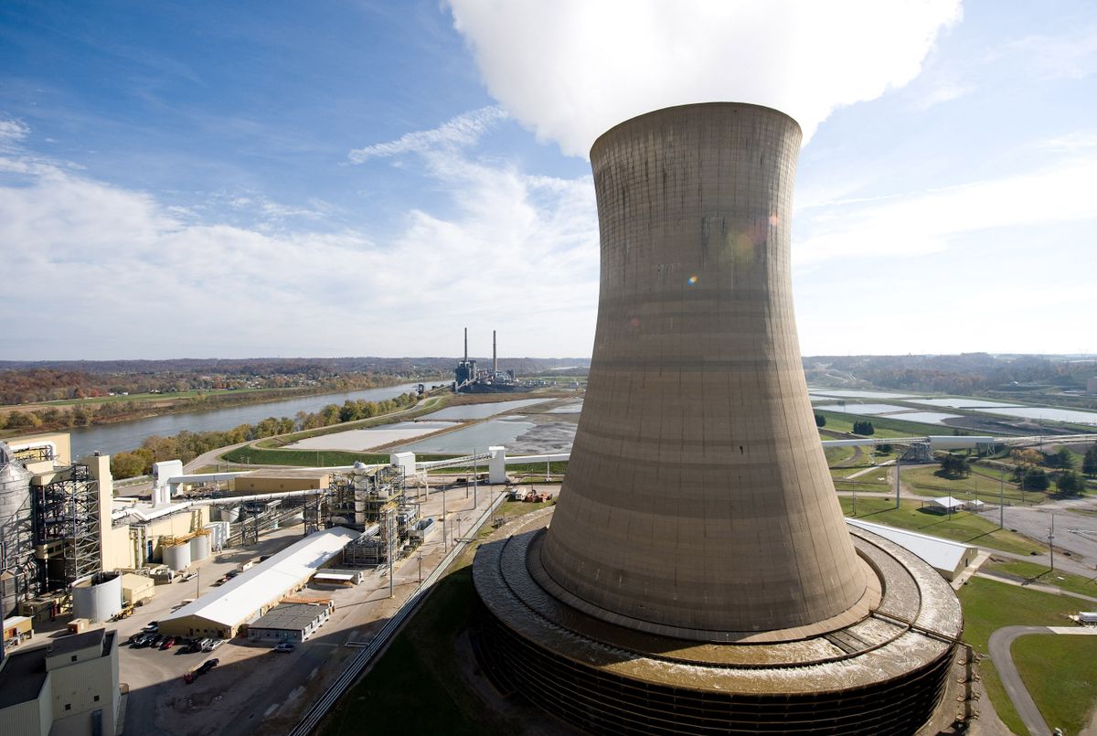 American Electric Power's (AEP) Mountaineer coal power plant, including cooling tower and stacks in New Haven, West Virginia, October 30, 2009. In cooperation with AEP, the French company Alstom unveiled the world's largest carbon capture facility at a coal plant, so called "clean coal," which will store around 100,000 metric tonnes of carbon dioxide a year 2.1 kilometers (7,200 feet) underground. 