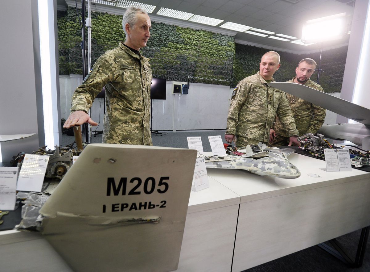 Parts of UAV (unmanned aerial vehicles): Orlan-10, Granat-3 , Shahed-136,  Eleron-3-SV, used by the Russia against Ukraine, are seen during a media briefing of the Security and Defense Forces of Ukraine in Kyiv, Ukraine on 15 December 2022, amid Russian invasion of Ukraine. Security and Defense Forces of Ukraine representatives held a media briefing about situation on the Russian-Ukrainian war and the security situation in Ukraine.