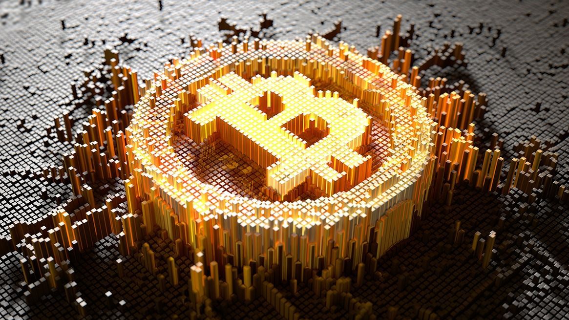 Pixel Bitcoin Concept A 3D render of a microscopic closeup concept of small cubes in a random layout that build up to form the bitcoin symbol illuminated
 kriptovaluta- e-pénz.e-money- bitcoin