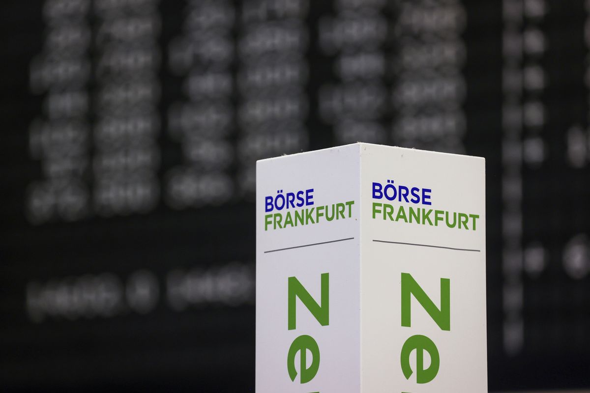 Signage for the Frankfurt Stock Exchange, operated by Deutsche Boerse AG, at the bourse in Frankfurt, Germany, on Monday, May 30, 2020. European stocks have been under pressure this year amid a flurry of concerns spanning hawkish central banks, slowing growth, soaring prices and the war in Ukraine. 