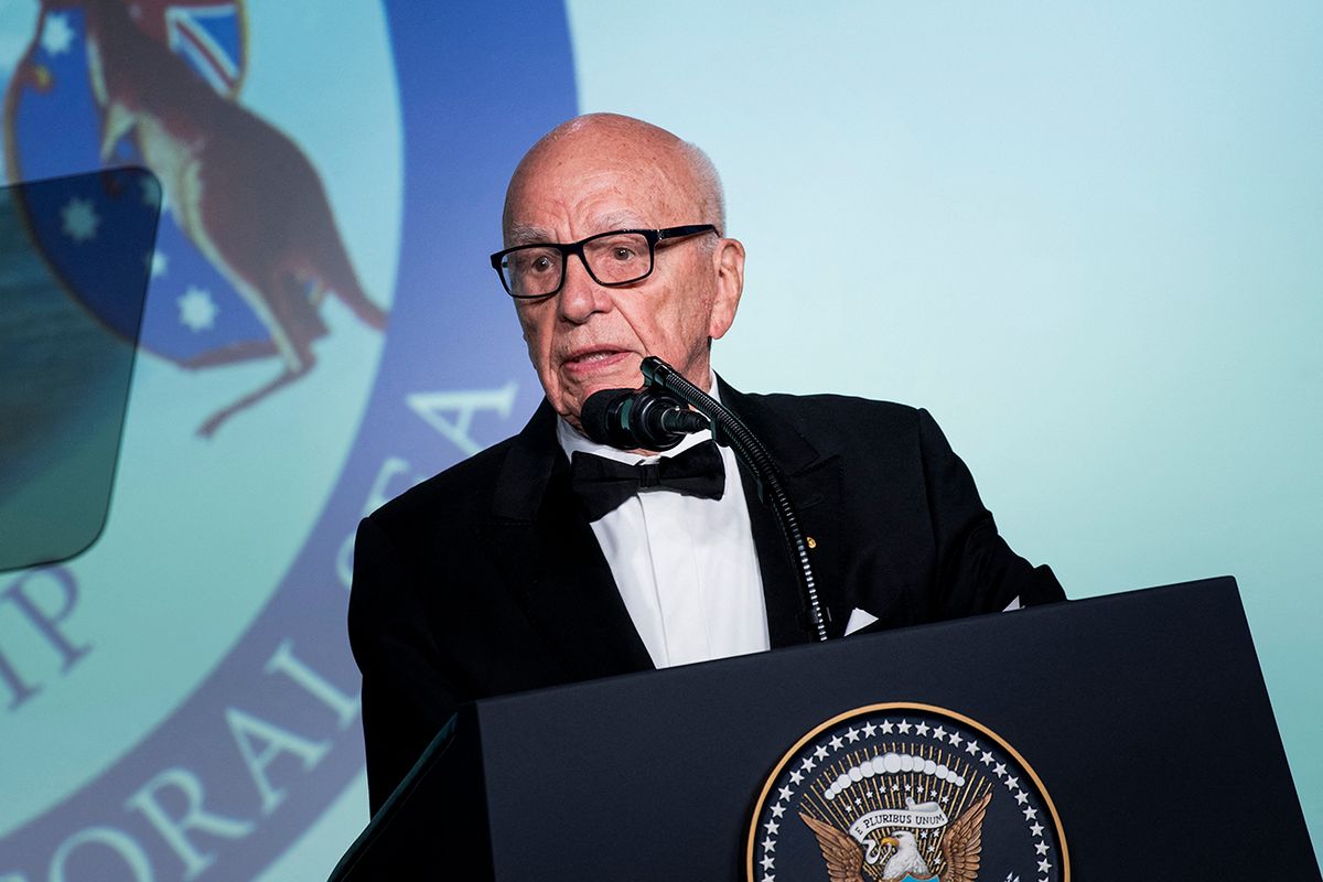 Donald Trump meets Australian Prime Minister on USS Intrepid aircraft carrier Rupert Murdoch, Executive Chairman of News Corp, speaks during a dinner to commemorate the 75th anniversary of the Battle of the Coral Sea during WWII onboard the Intrepid Sea, Air and Space Museum May 4, 2017 in New York, New York. (Photo by Brendan Smialowski / AFP)