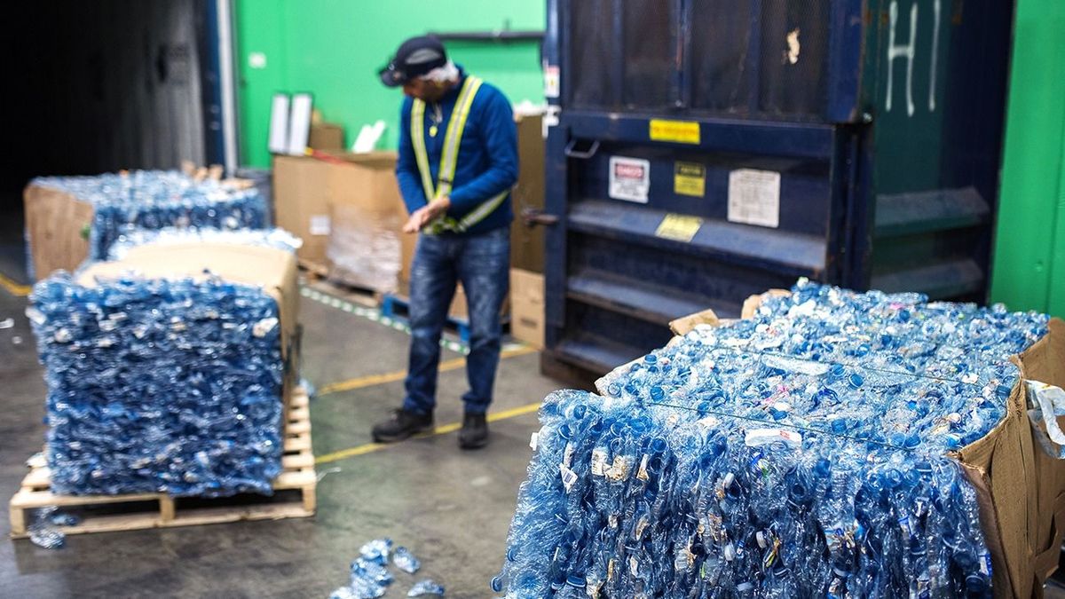 Operations At The Ice River Springs Bottling Facility
Bundles of crushed plastic water bottles sit on a pallets before being shipped to the Ice River Springs Water Co. Inc. recycling facility at the company's bottling facility in Chilliwack, British Columbia, Canada, on Monday, Nov. 18, 2019. Ice River Springs utilizes a closed-loop recycling process and is the only beverage company in North America operating their own recycling facility. Photographer: James MacDonald/Bloomberg via Getty Images